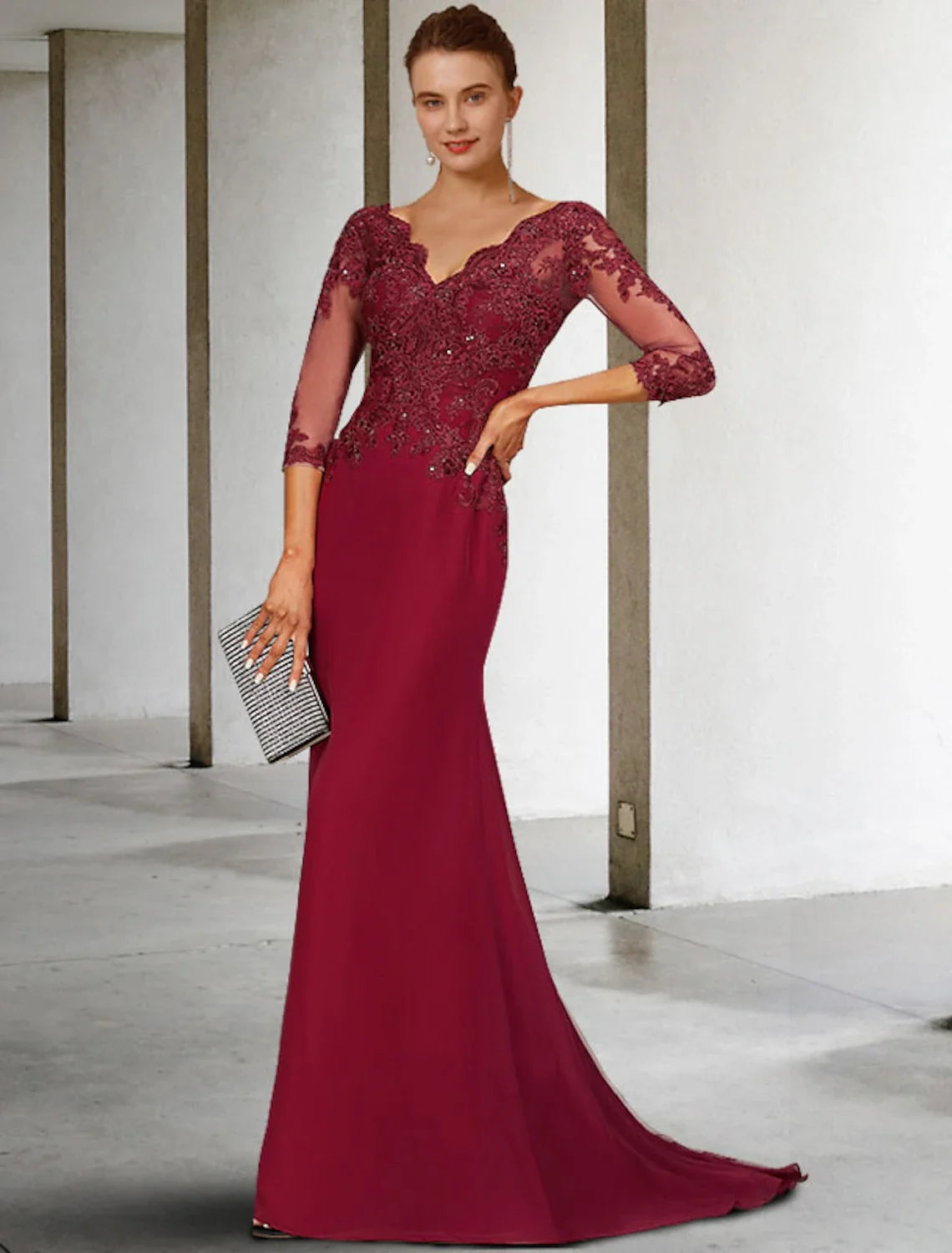 Mermaid V-Neck Chiffon Three-Quarter Sleeve Train Dress - Chloe Dress