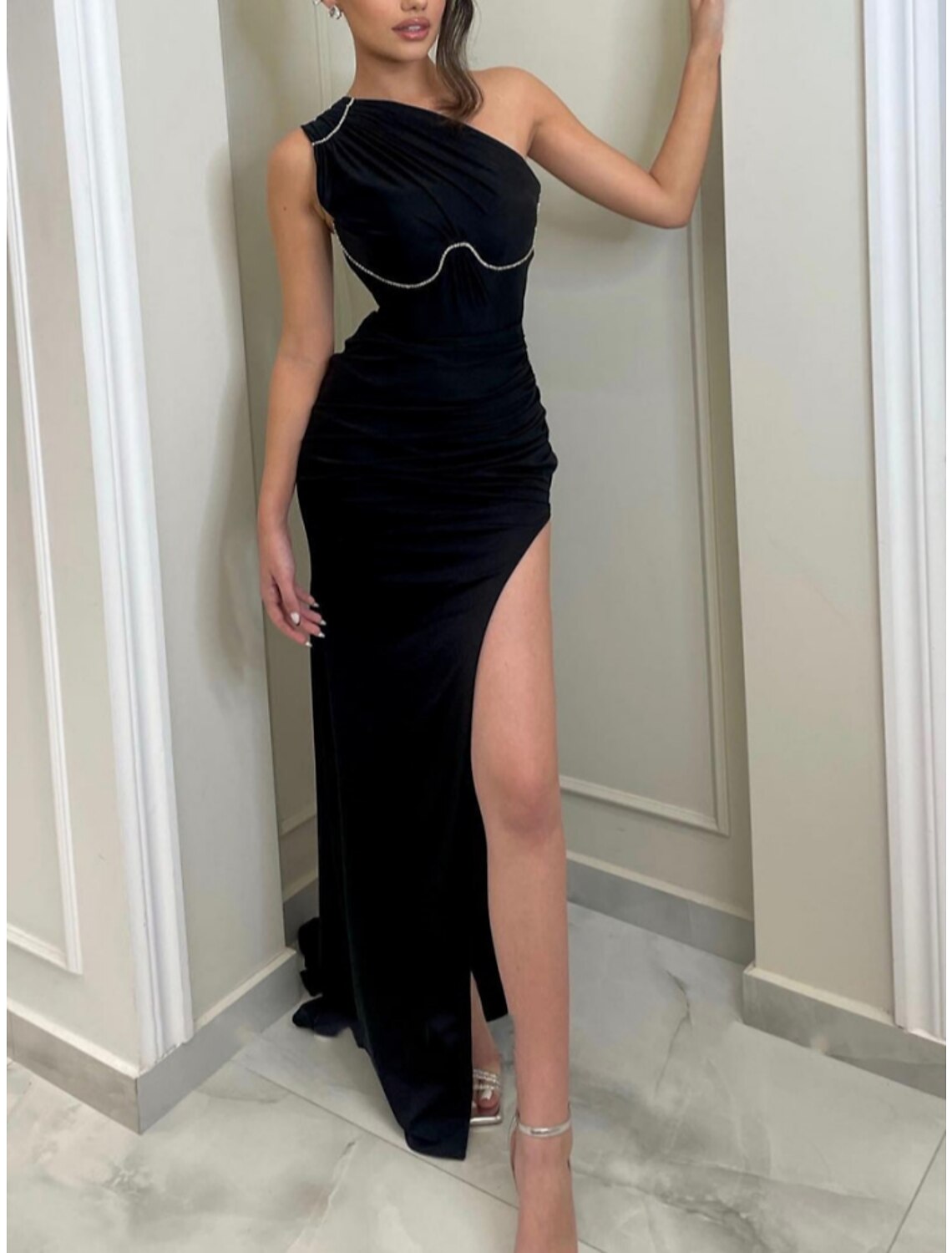 Black Sheath One-Shoulder Satin Sleeveless Pleated Evening Gown - Chloe Dress