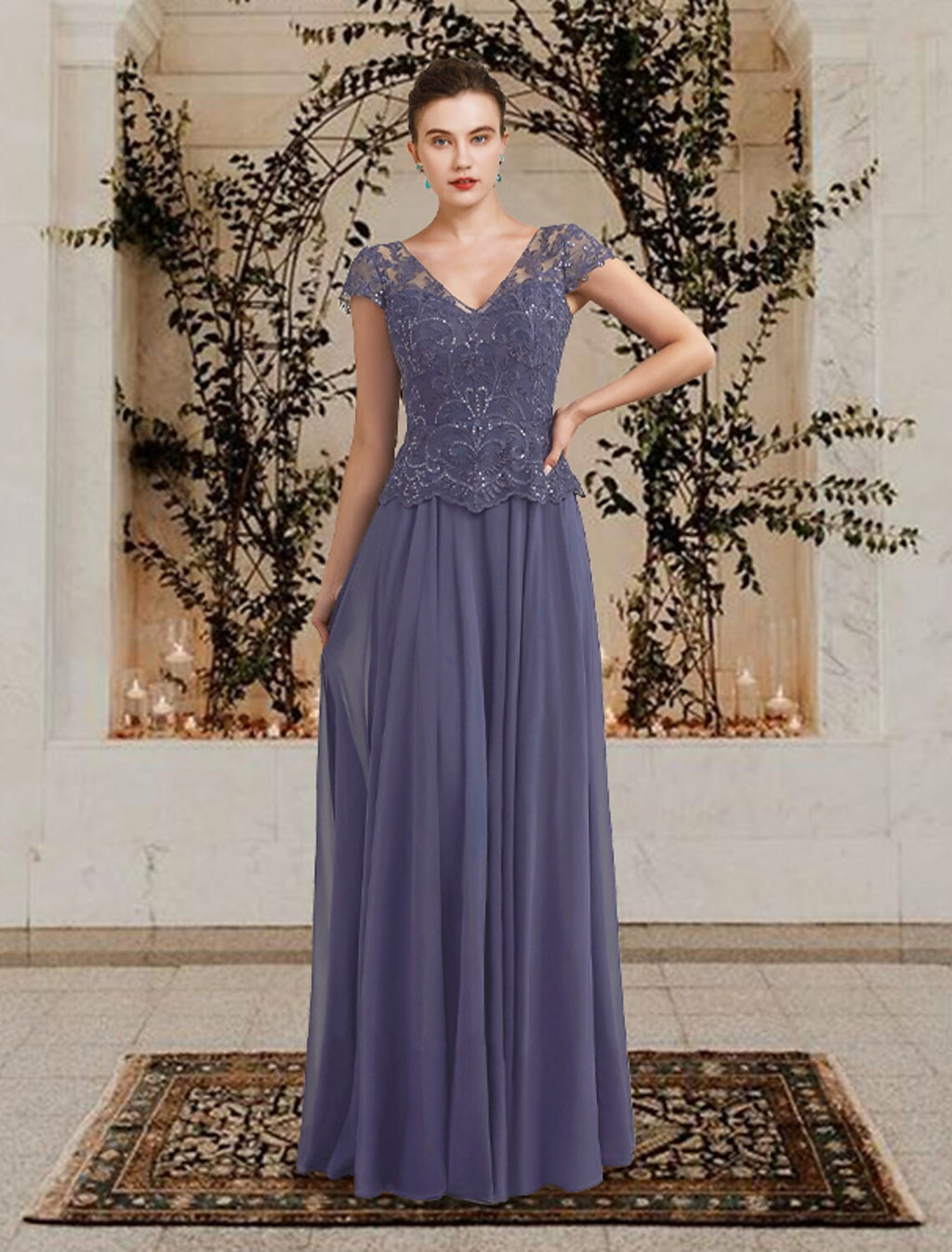 A-Line V-Neck Chiffon Short Sleeve Pleated Floor-Length Dress - Chloe Dress