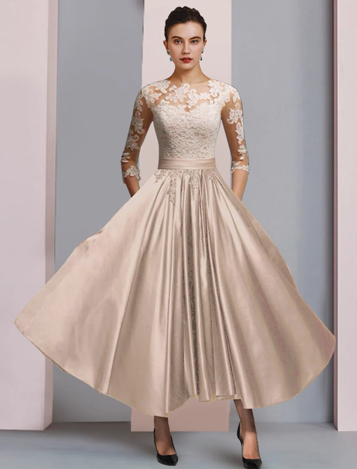 A-Line Satin Three-Quarter Sleeve Pleated Ankle-Length Wedding Dress - Chloe Dress