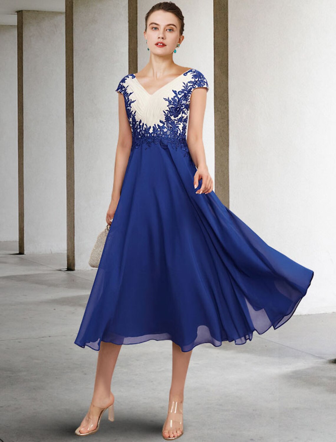 A-Line V-Neck Chiffon Cap Sleeve Draped Tea-Length Dress - Chloe Dress