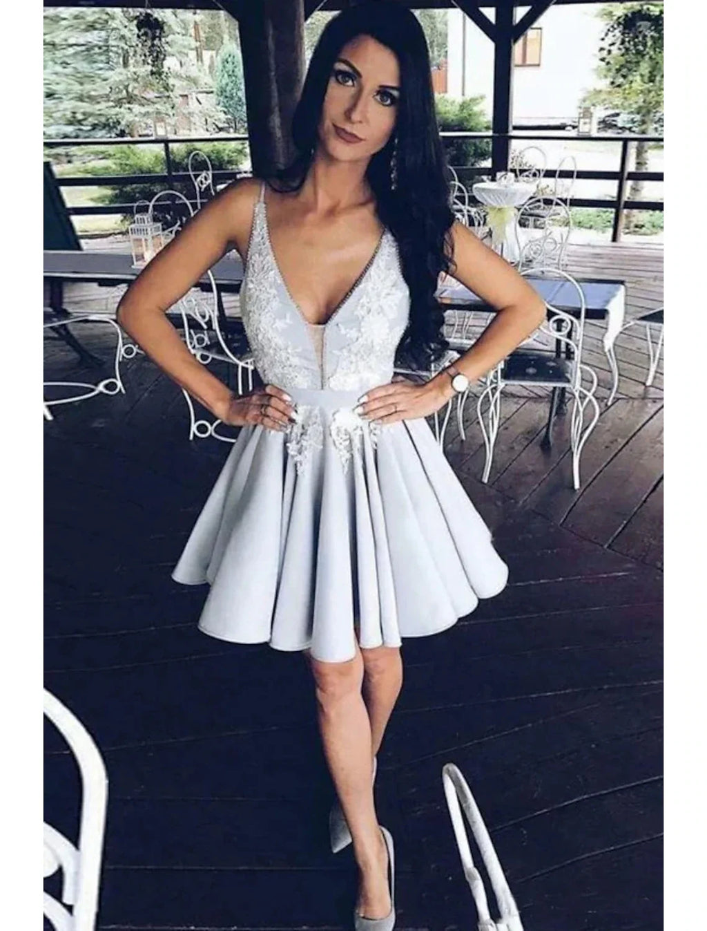 A-Line V-Neck Satin Sleeveless Backless Applique Mini Cocktail Dress - Chloe Dress