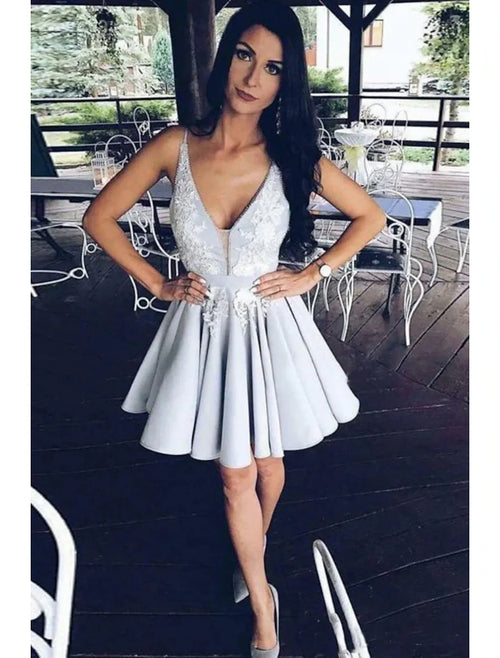 A-Line V-Neck Satin Sleeveless Backless Applique Mini Cocktail Dress - Chloe Dress