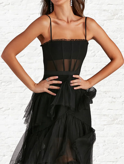 A-Line Strapless Tulle Sleeveless Lace-Up Back Ruffled Ankle-Length Prom Dress - Chloe Dress