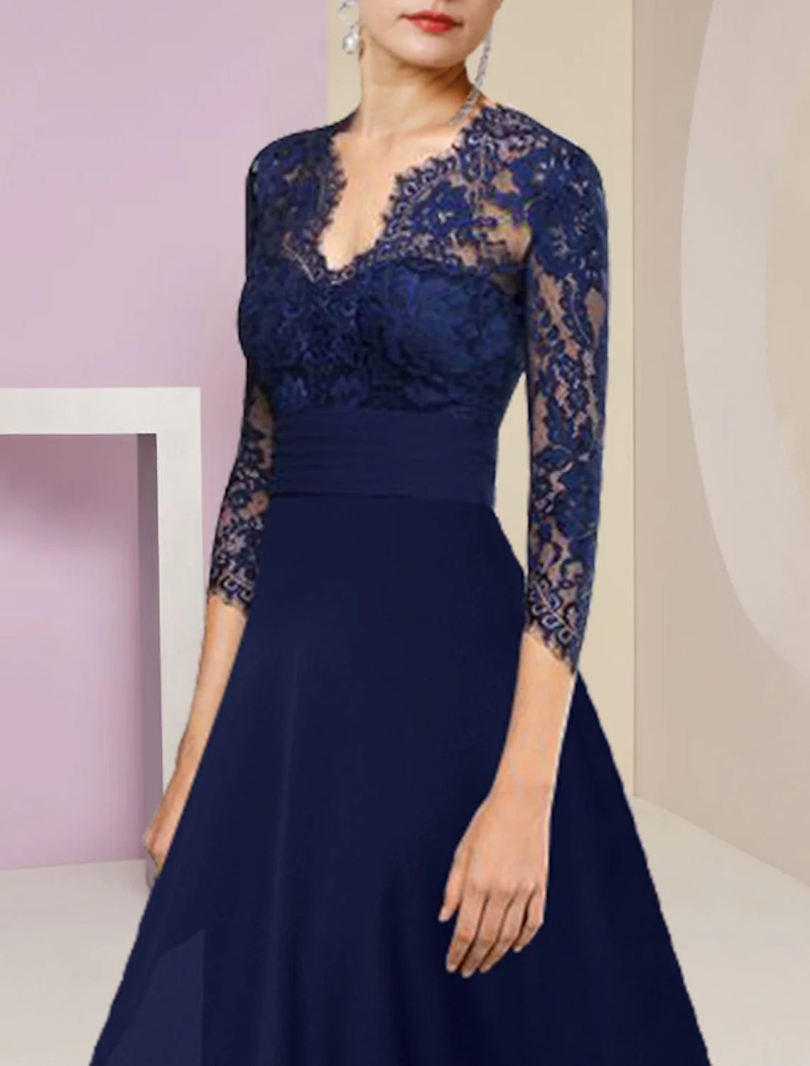 A-Line V-Neck Chiffon Three-Quarter Sleeve Asymmetric Tea-Length Wedding Dress - Chloe Dress