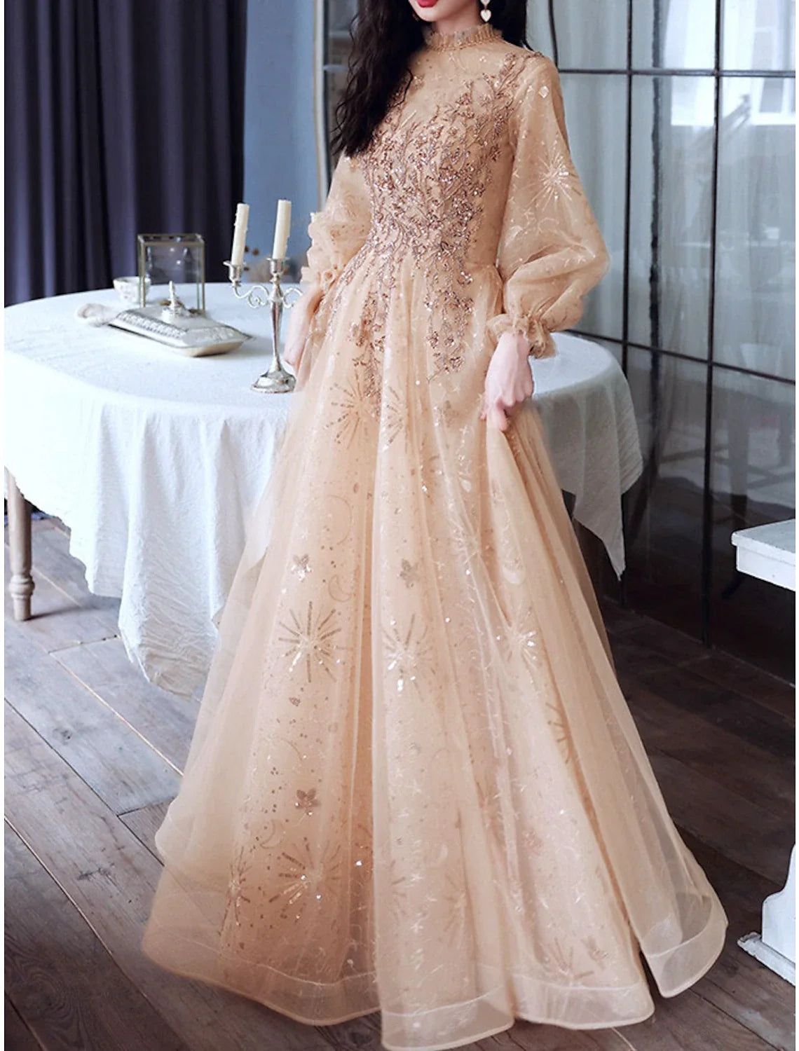 A-Line High Neck Tulle Long Sleeve Floor-Length Evening Dress - Chloe Dress
