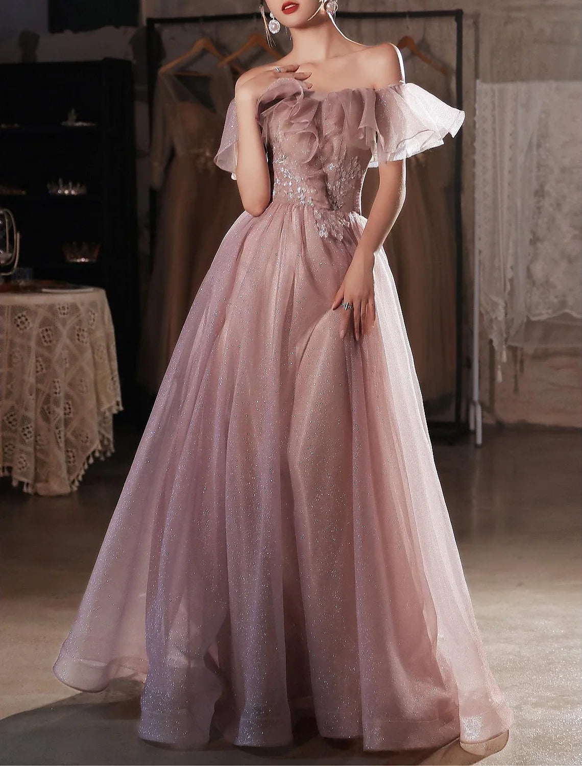A-Line Off-Shoulder Lace Short Sleeve Applique Floor-Length Evening Dress - Chloe Dress