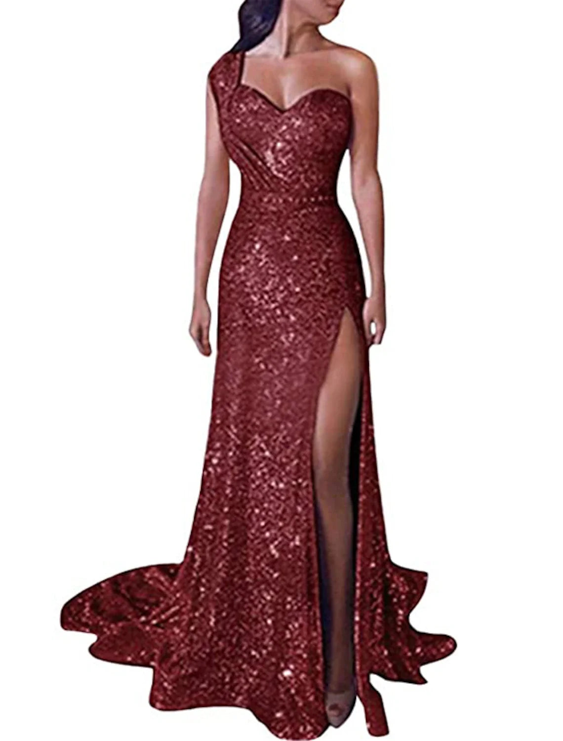 Green Mermaid One-Shoulder Sequin Sleeveless High Slit Evening Dress - Chloe Dress