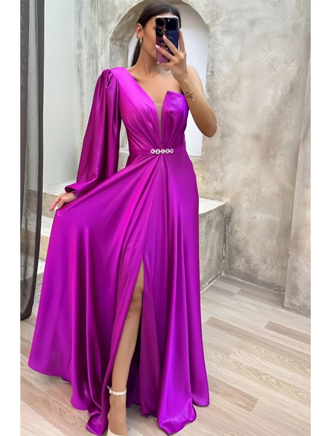 A-Line One-Shoulder Satin Long Sleeve High Slit Evening Gown - Chloe Dress