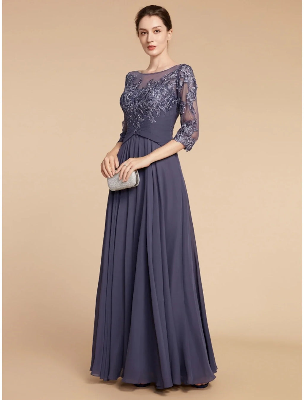 A-Line Chiffon Three-Quarter Sleeve Floor-Length Wedding Dress - Chloe Dress