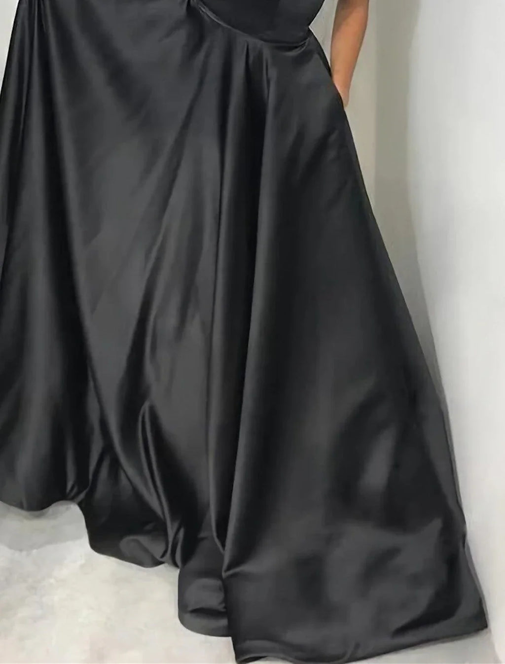 Black A-Line Off-Shoulder Satin Sleeveless Pleated Evening Gown - Chloe Dress