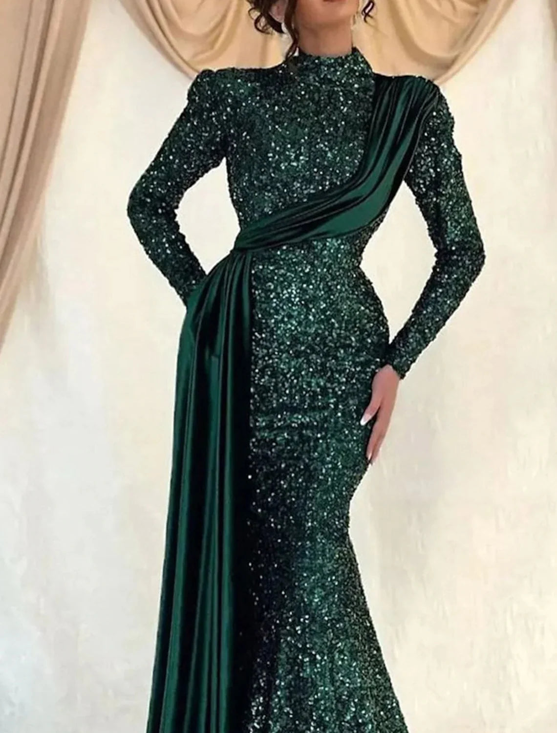 Mermaid High Neck Sequin Long Sleeve Train Evening Gown - Chloe Dress