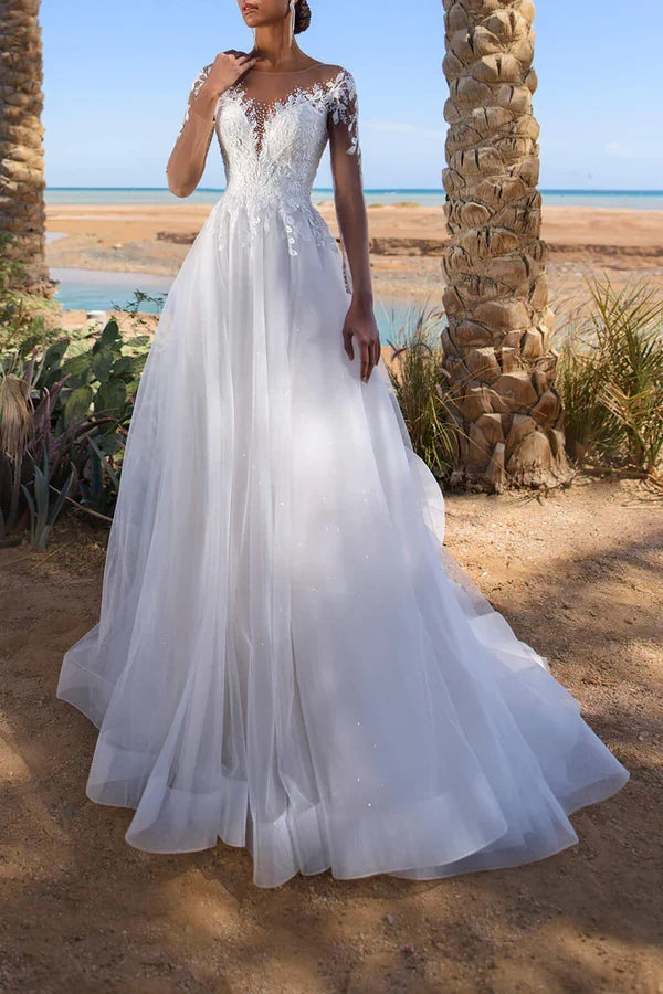 A-Line Illusion Lace Long Sleeve Wedding Dress - Chloe Dress