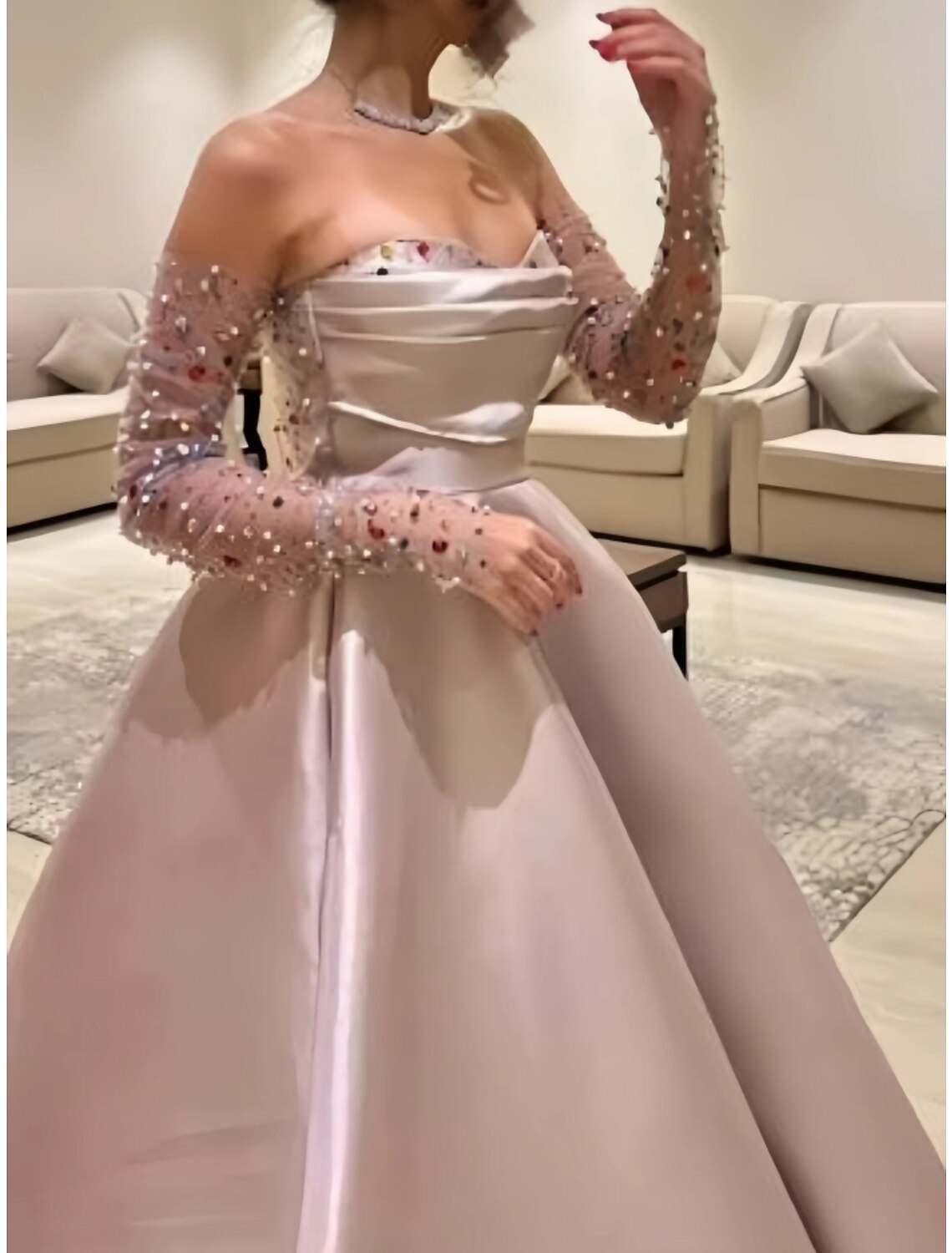 A-Line Sweetheart Satin Long Sleeve Pleated Floor-Length Evening Gown - Chloe Dress