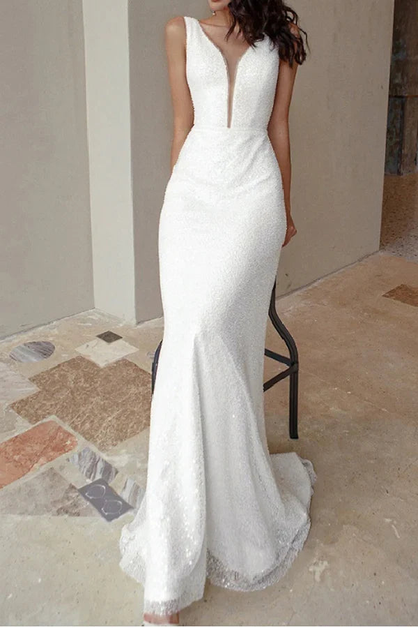V-Neck Lace Sleeveless Wedding Dress - Chloe Dress