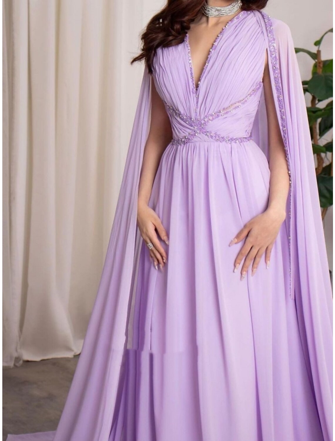 A-Line V-Neck Chiffon Long Sleeve Pleated Evening Gown - Chloe Dress