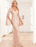 Mermaid V-Neck Sequin Long Sleeve Floor-Length Evening Gown - Chloe Dress