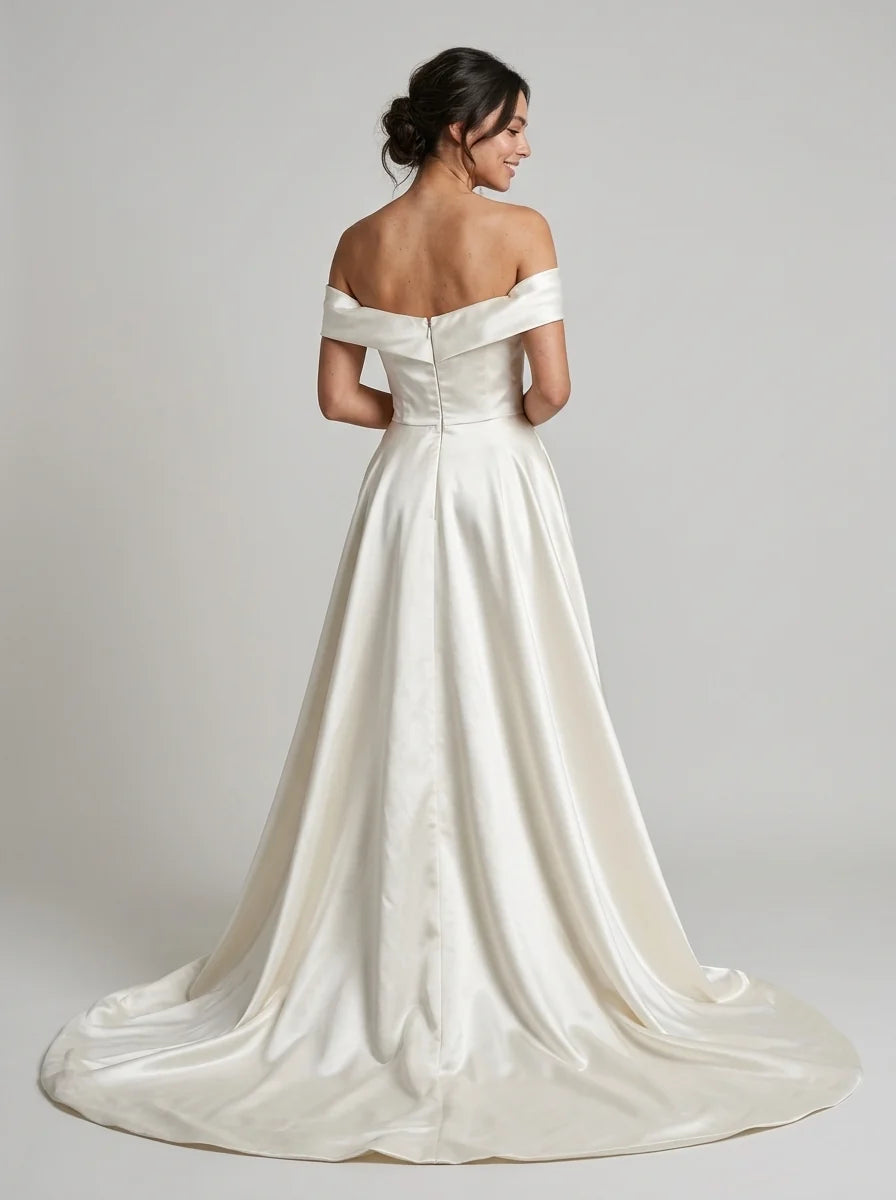 Ivory Off‑The‑Shoulder Satin A‑Line Train Wedding Dresses