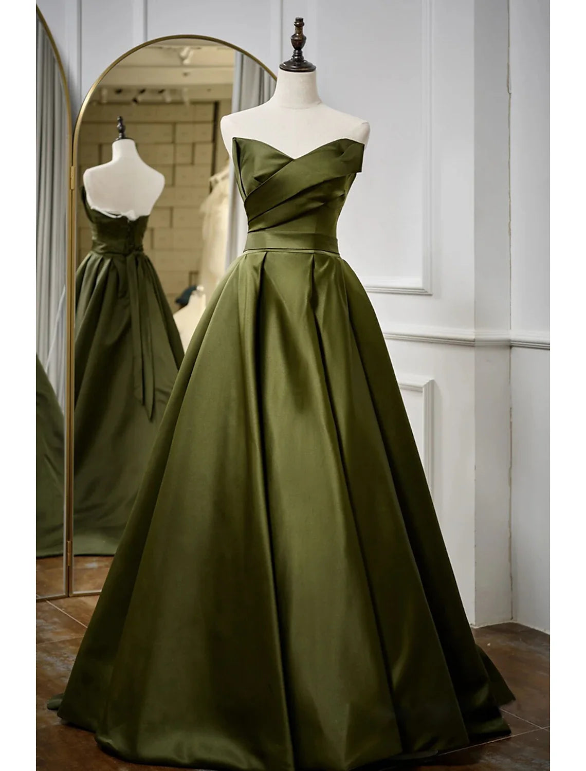 A-Line Strapless Satin Sleeveless Pleated Floor-Length Evening Gown - Chloe Dress