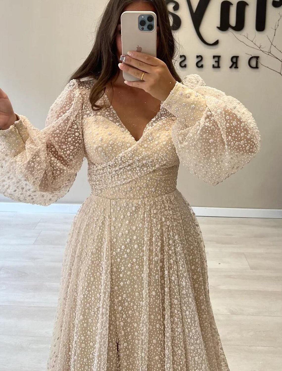 A-Line V-Neck Sequin Long Sleeve Floor-Length Prom Dress - Chloe Dress