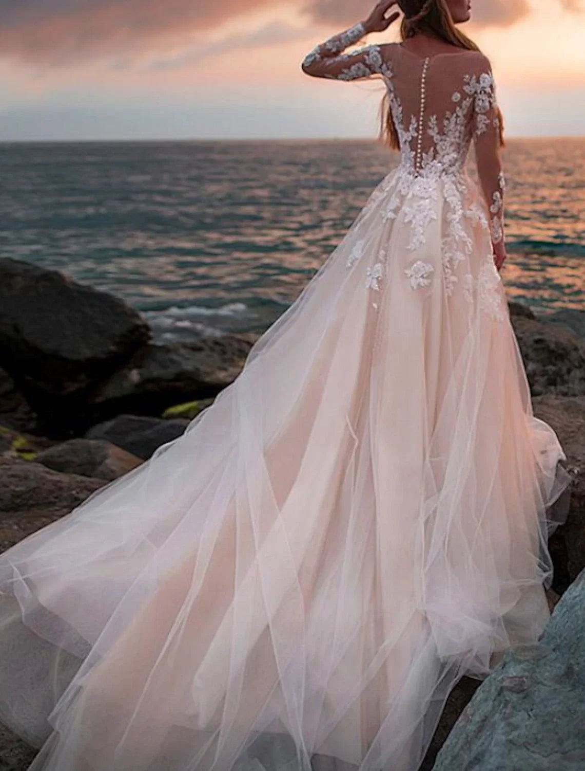 A-Line Illusion Lace Long Sleeve Open Back Train Wedding Gown - Chloe Dress