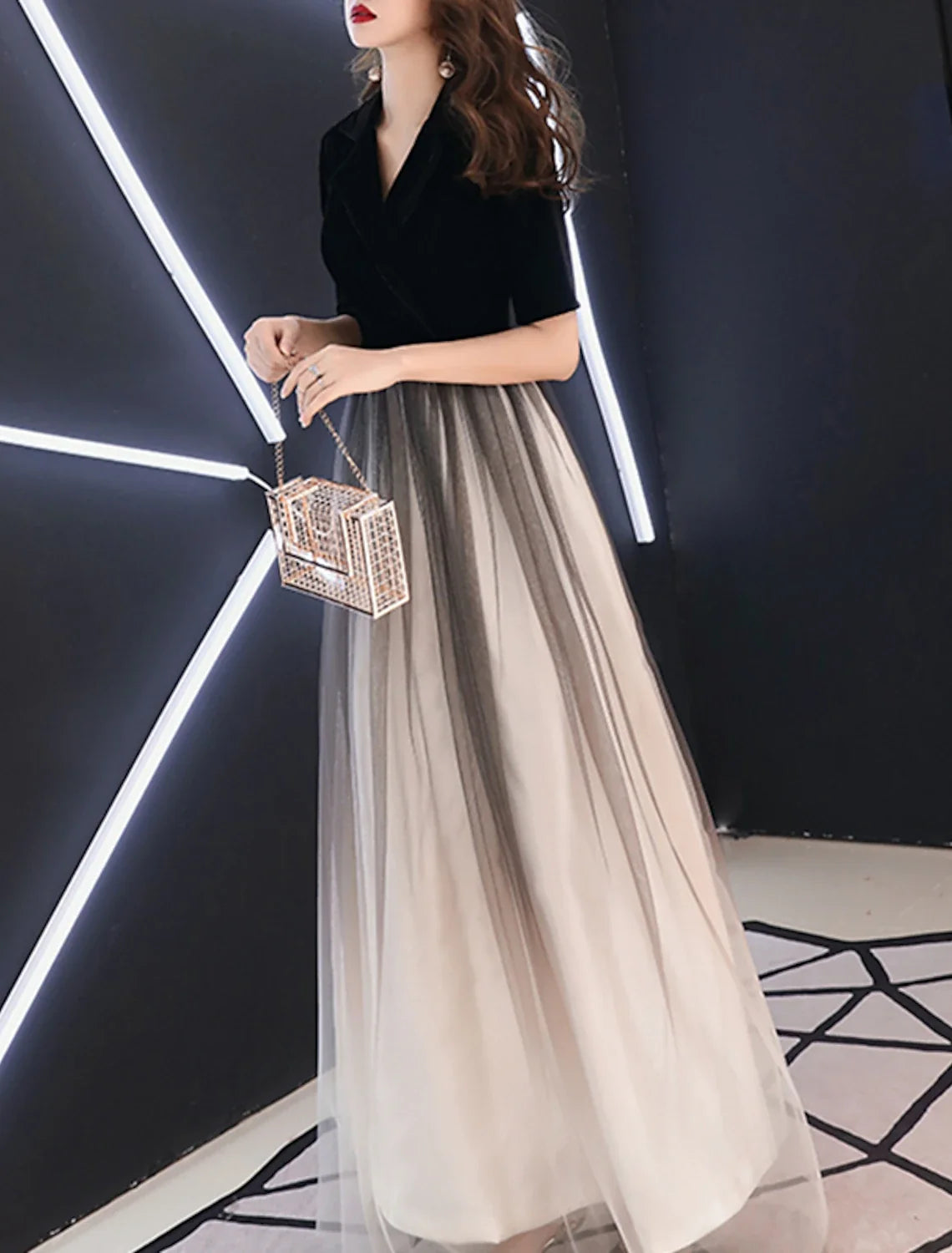 A-Line V-Neck Tulle Floor-Length Evening Gown - Chloe Dress