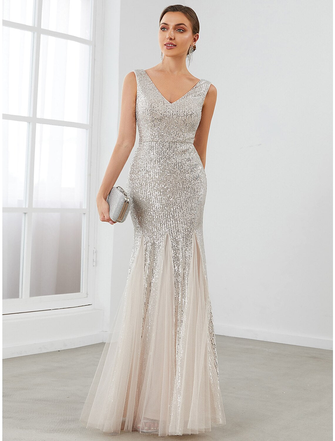 Mermaid V-Neck Sequin Sleeveless Floor-Length Evening Gown - Chloe Dress
