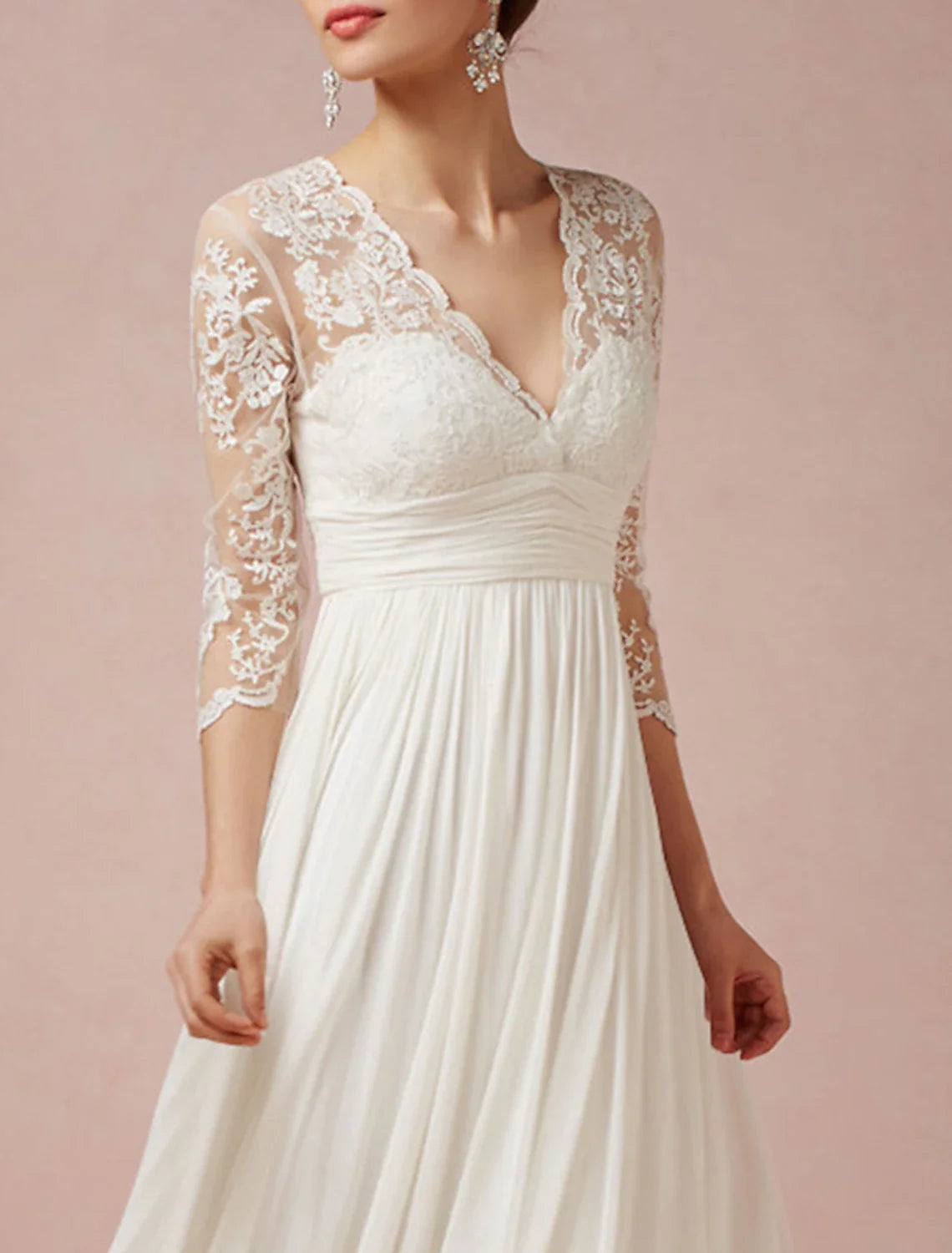 Sheath V-Neck Chiffon Three-Quarter Sleeve Pleated Wedding Gown - Chloe Dress