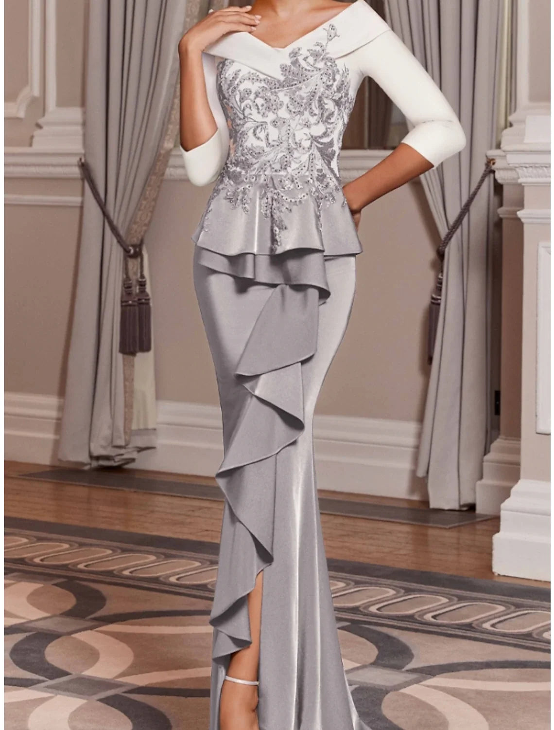 Mermaid Off-Shoulder Satin Three-Quarter Sleeve Ruffled Wedding Dress - Chloe Dress