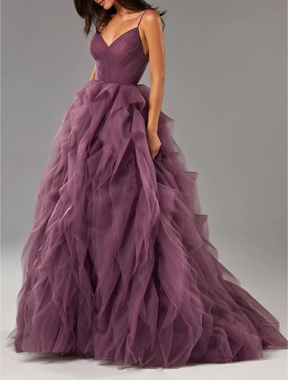 Ball Gown V-Neck Tulle Sleeveless Ruffled Evening Gown - Chloe Dress