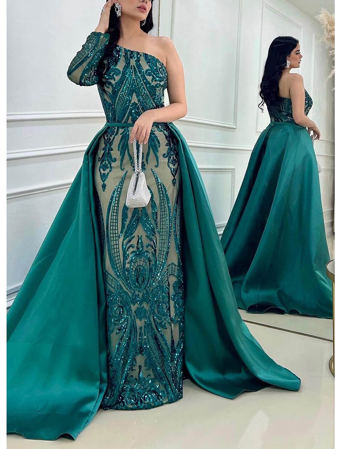 Mermaid One-Shoulder Satin Long Sleeve Train Evening Gown - Chloe Dress