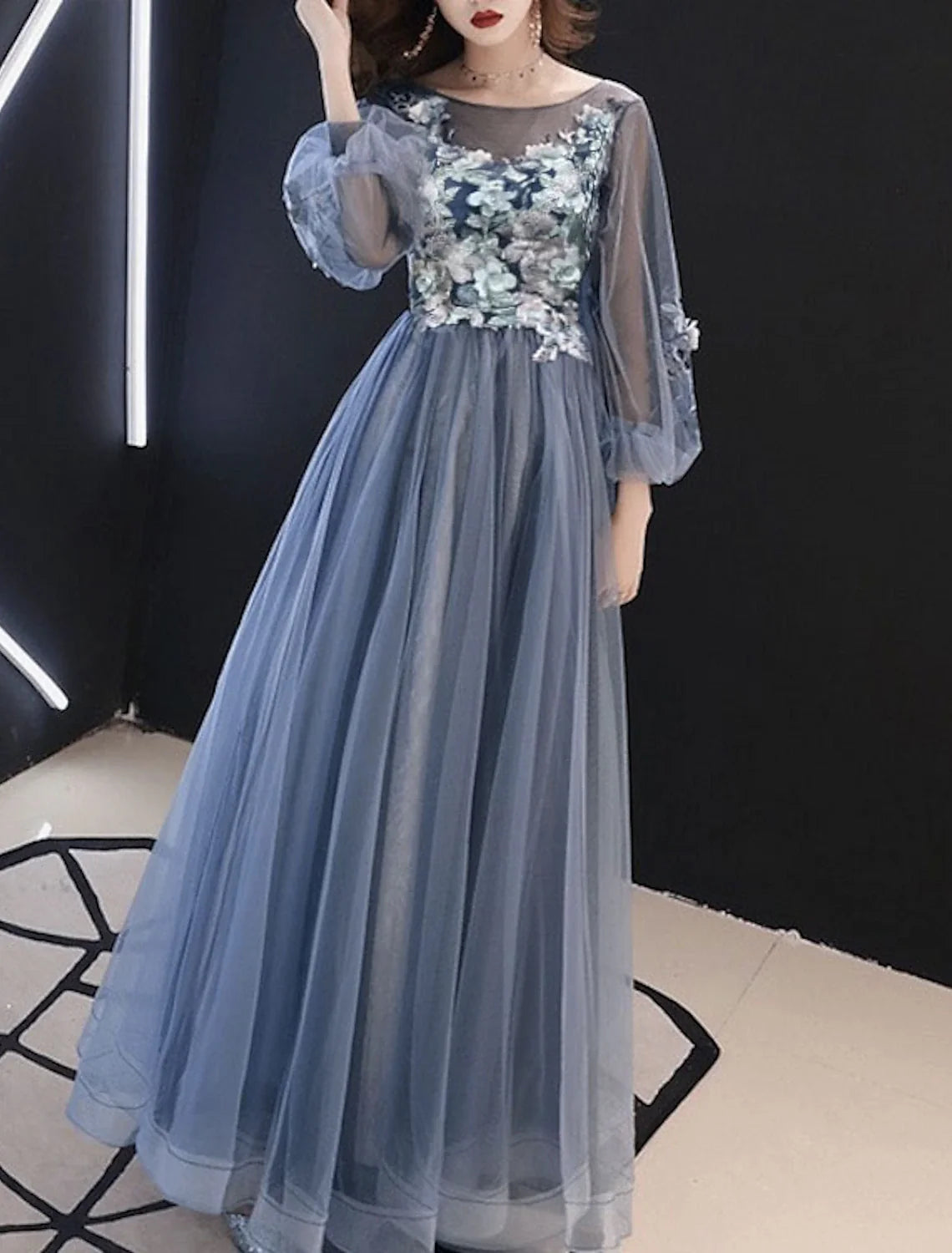 A-Line Illusion Tulle Long Sleeve Applique Floor-Length Prom Dress - Chloe Dress