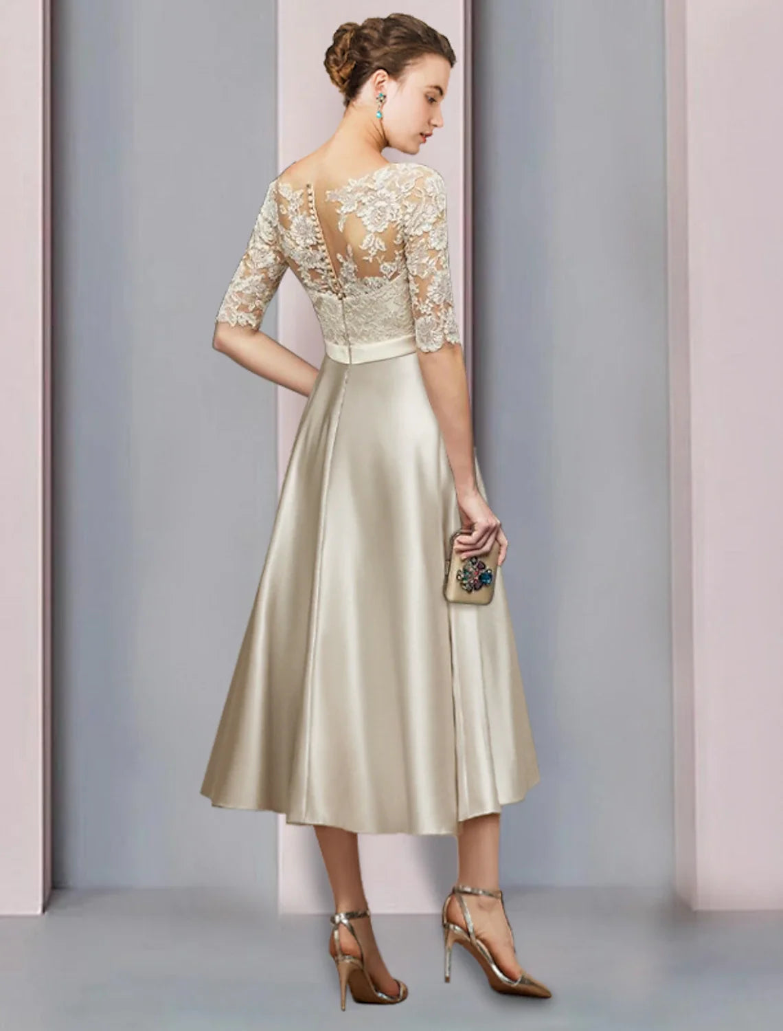 Sheath Satin Pleated Tea-Length Wedding Dress - Chloe Dress
