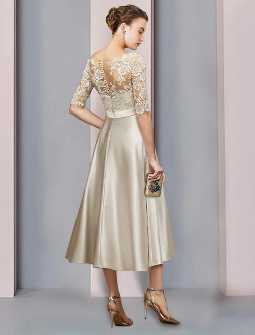 Sheath Satin Pleated Tea-Length Wedding Dress - Chloe Dress