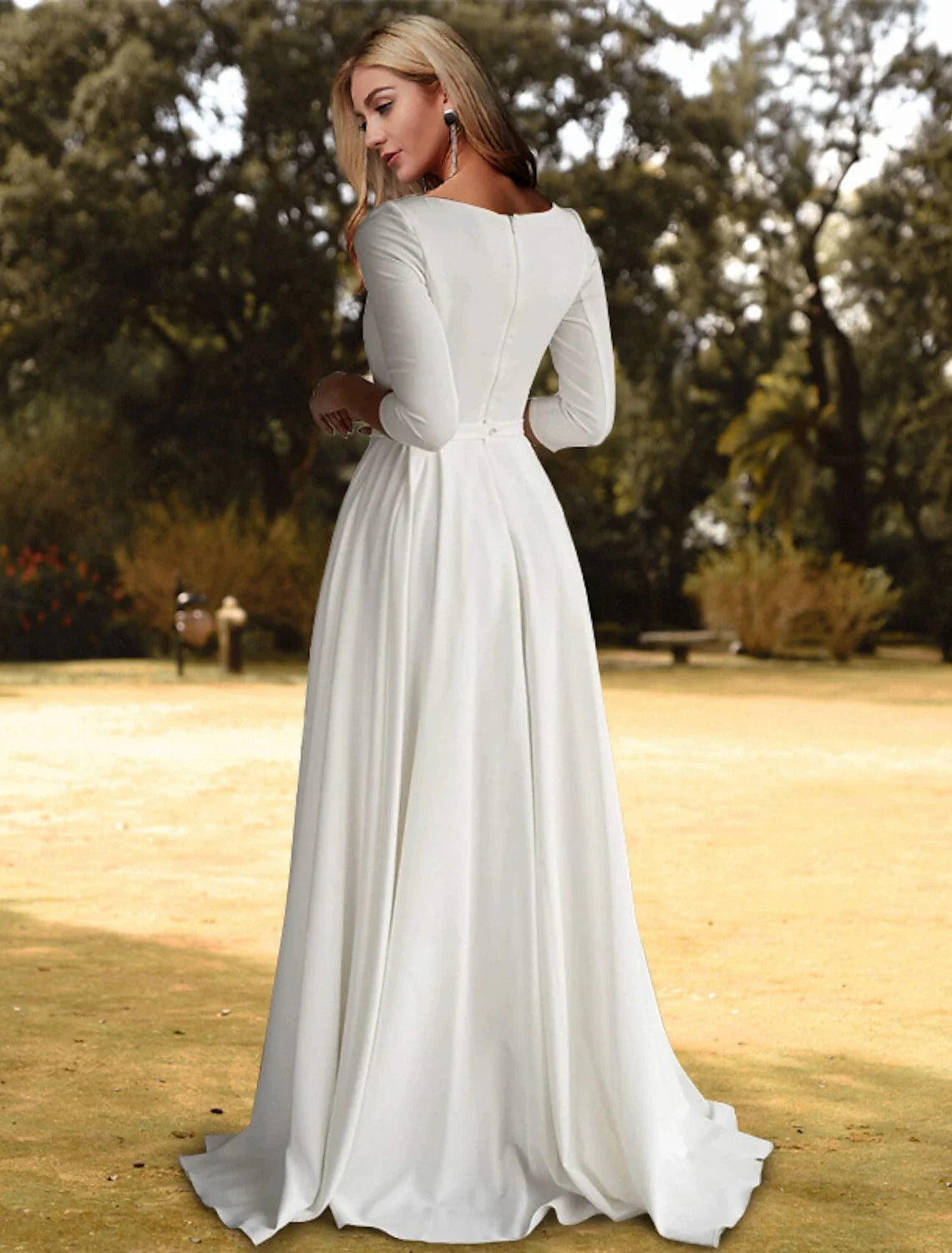 A-Line Three-Quarter Sleeve Pleated Wedding Gown - Chloe Dress