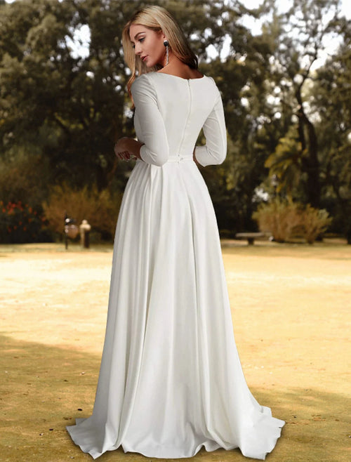 A-Line Three-Quarter Sleeve Pleated Wedding Gown - Chloe Dress