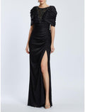 Black A-Line Satin High Slit Floor-Length Evening Gown - Chloe Dress