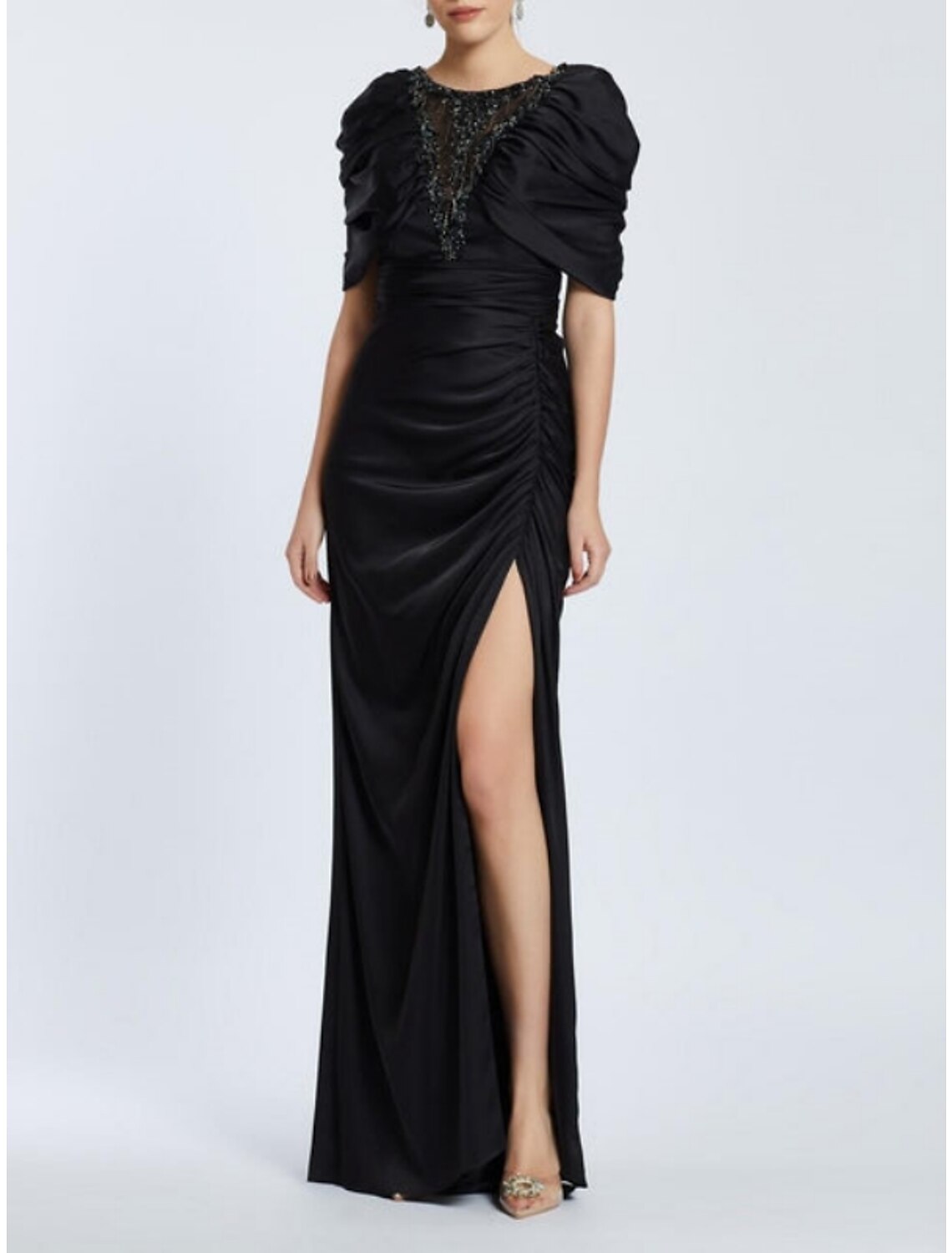 Black A-Line Satin High Slit Floor-Length Evening Gown - Chloe Dress