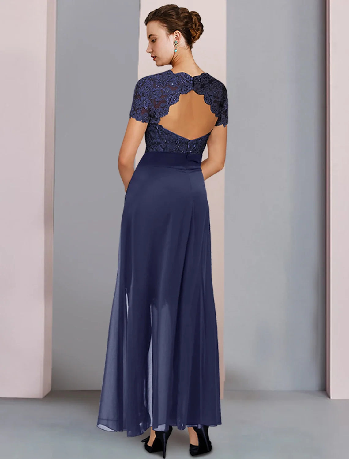 Sheath Square Neck Chiffon Short Sleeve Mini Wedding Dress - Chloe Dress