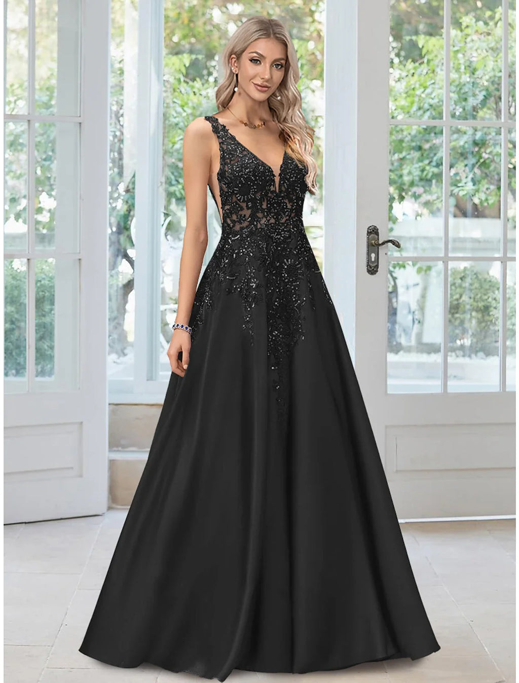Black A-Line V-Neck Lace Sleeveless Applique Floor-Length Evening Gown - Chloe Dress