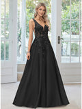 Black A-Line V-Neck Lace Sleeveless Applique Floor-Length Evening Gown - Chloe Dress