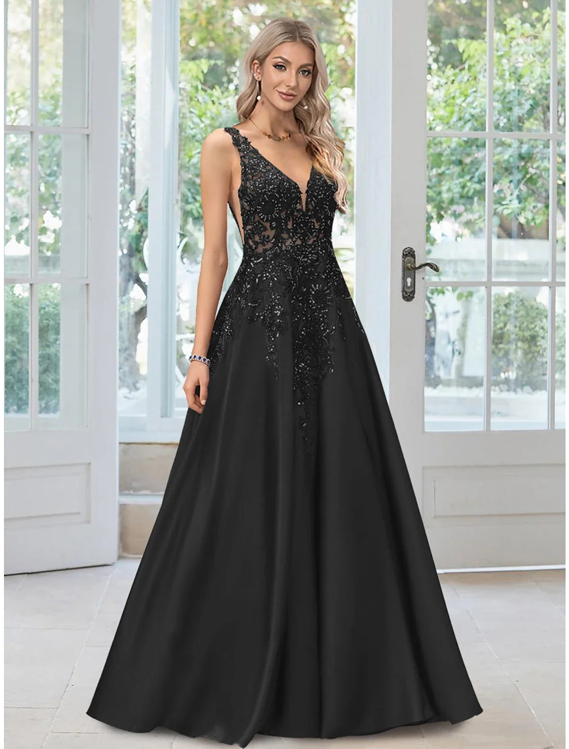 Black A-Line V-Neck Lace Sleeveless Applique Floor-Length Evening Gown - Chloe Dress
