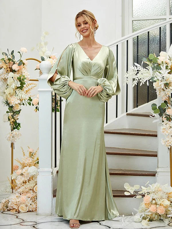 Sage Green Satin Long Puff Split Sleeve Mermaid Bridesmaid Dresses