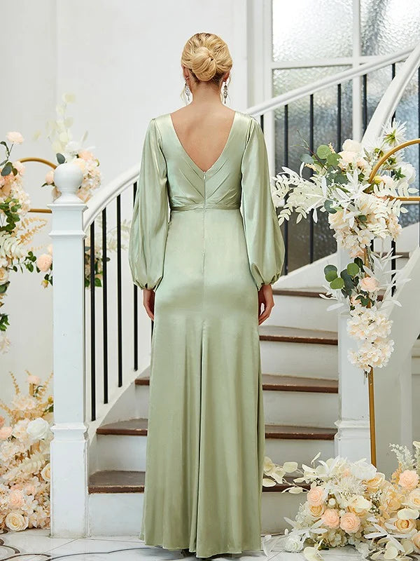 Sage Green Satin Long Puff Split Sleeve Mermaid Bridesmaid Dresses