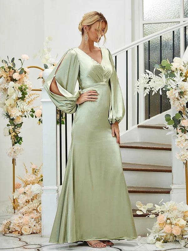 Sage Green Satin Long Puff Split Sleeve Mermaid Bridesmaid Dresses