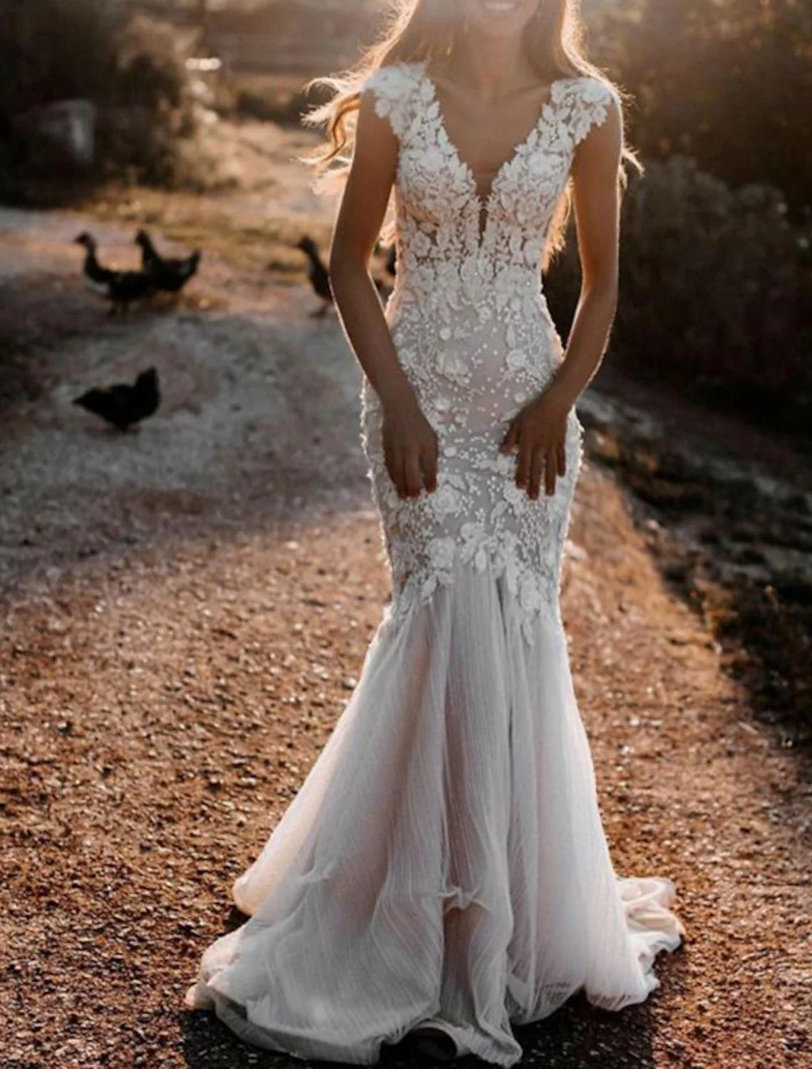 Mermaid V-Neck Lace Cap Sleeve Train Wedding Gown - Chloe Dress