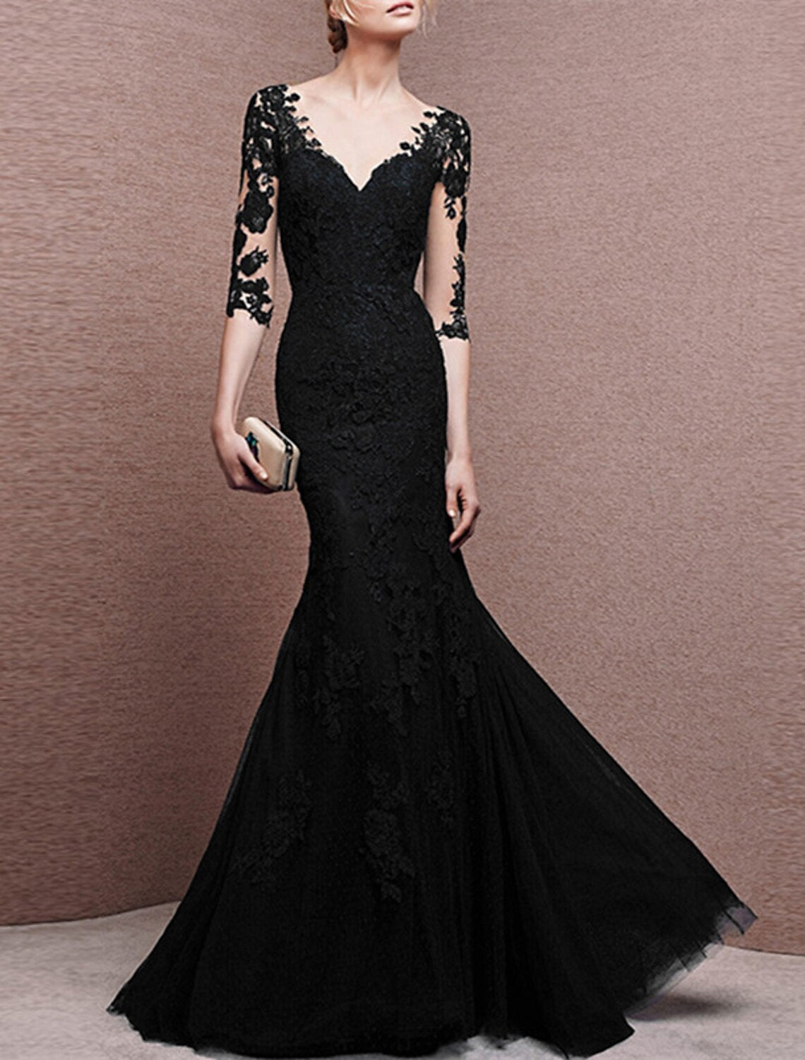 Mermaid V-Neck Tulle Button Back Applique Floor-Length Evening Gown - Chloe Dress
