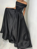 Black A-Line Off-Shoulder Satin Sleeveless Pleated Evening Gown - Chloe Dress