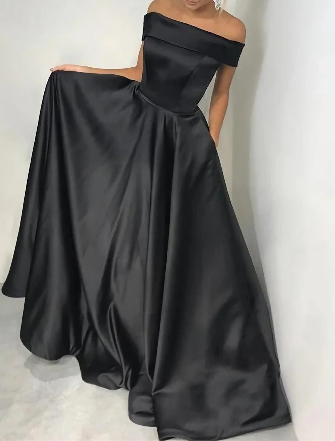 Black A-Line Off-Shoulder Satin Sleeveless Pleated Evening Gown - Chloe Dress