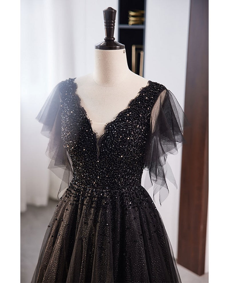 Black Princess V-Neck Chiffon Short Sleeve Backless Beaded Floor-Length Evening Dress - Chloe Dress